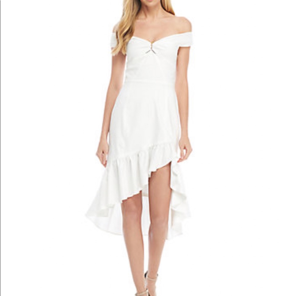 WAYF Genoa off the shoulder white linen ruffle high low hem asymmetrical dress - Picture 13 of 13